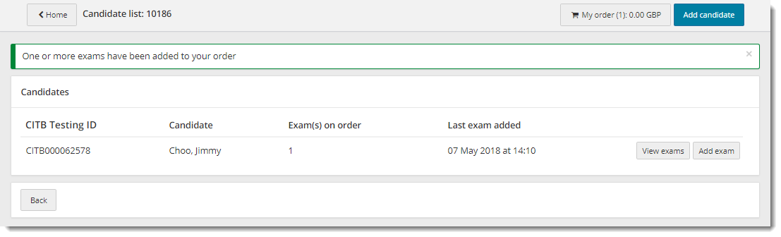 Exams have been added to your order.